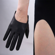 Genuine Leather Pure Imported Goatskin Gloves Female Ultra Short Style Black Punk Rock Locomotive Street Woman's Gloves TB77 2024 - buy cheap