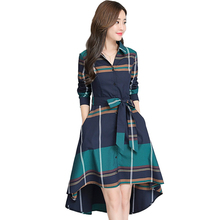 Single-breasted Plaid Dress Women 2019 Spring Summer Long sleeve Irregular Dresses Female Belt Slim Plus size Long Dresses H806 2024 - buy cheap