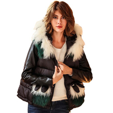 Female Winter Jacket Real Natural Fur Collar Hooded Down Jacket Women Fashion PU Patchwork Black Short Loose Coats New Parka Z30 2024 - buy cheap