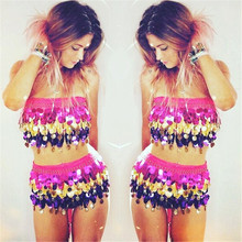 2019 Fashion Shiny Sequined 2 Piece Sets Sexy Women Colorful Crop Tops Mini Skirts Belly Dance Rave Festival Matching Sets 2024 - compre barato