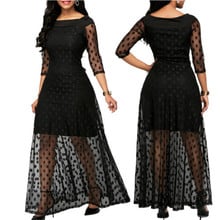 New Plus Size Three Quarter Sleeve Polka Dot Mesh Boho Women's Party Maxi Dress 2024 - buy cheap