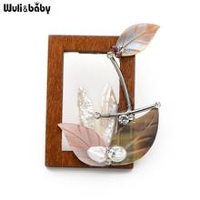 Wuli&Baby Square Wood Natural Shell Leaves Flower Brooches For Women Fashion Banquet Wedding Brooch New Year's Quality Gift 2024 - buy cheap