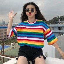 Summer Woman T Shirt Rainbow Tshirt Striped Print Half Sleeves T-shirts Sweet Female Casual Tops Women's Fashion O Neck Tees 2024 - buy cheap