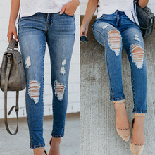 Jeans rasgado justo para mulheres, jeans slim stretch, calça lápis feminina 2024 - compre barato