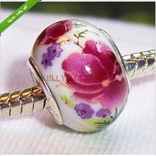 50pcs/lot 9x14mm Hot Pink Flower Design Porcelain Ceramic Beads Big Hole Spacer Beads European Charm DIY Beads Wholesale 2024 - buy cheap