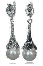 Hot sale new Style >>>>Marcasite 925 Sterling Silver White Round Shell Pearl Long Earrings 2024 - buy cheap