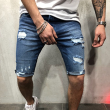 New Summer Denim Shorts Men Cotton Solid Straight Male Blue Short hole Frayed knee length Jeans 2024 - buy cheap