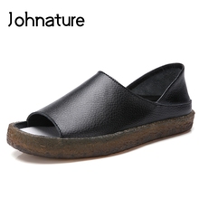 Johnature 2022 New Summer Genuine Leather Casual Solid Shallow Slip-on Breathable Comfortable Soft Sole Women Sandals Med Heel 2024 - buy cheap