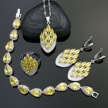 Conjuntos de joias de prata 925, para noivas, amarelo, zircônia cúbica, brincos de cristal branco, anel, pulseira, colar, conjunto de pingente 2024 - compre barato