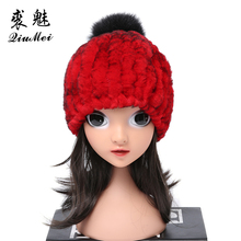 QiuMei Winter Hats For Children Girls&Boys Fox Fur Pompom Kids Cap Cotton Warm Knitted Fur Beanies Real Rex Rabbit Fur hats 2024 - buy cheap