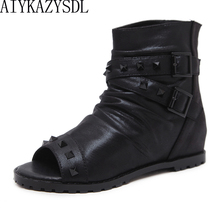 AIYKAZYSDL Rome Gothic Peep Toe Ankle Boots Gladiator Sandals Women Rivets Studded Short Bootie Wedge Heels Cross Strap Shoes 2024 - buy cheap