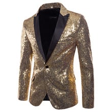 Blazer de esmoquin con lentejuelas doradas para hombre, Chaqueta de traje ajustada con un botón, brillante, para discoteca 2024 - compra barato