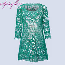 Spicylace Hollow Out Casual Green Lace Dress Women Elegant Dress Summer O-Neck Long Sleeve Street-wear Loose Vestidos 2024 - buy cheap