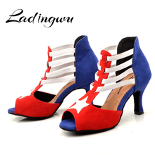 Ladingwu Latin dance shoes Women Suede Red Blue White match wide thin high heel 7.5cm Salsa Performance Ballroom dancing shoes 2024 - buy cheap