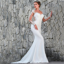 Mermaid Satin Wedding Dresses 2021 Lace Applique Long Sleeve Wedding Bridal Gowns Sweep Train Illusion Vestidos De Novia 2024 - buy cheap
