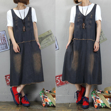 Free Shipping 2019 New Loose A-line Denim Sleeveless V-neck Dresses Women Long Mid-calf Plus Size One-piece Vintage Dresses 2024 - buy cheap