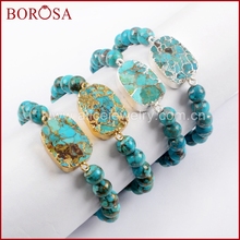 BOROSA 4PCS Gold/Silver Color Copper Natural Turquoises With 8mm Beads Bracelet Natural Blue Stone Bangle Jewelry G1652 S1652 2024 - buy cheap