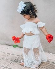 Новый Модный комплект с платьем принцессы для маленьких девочек, комплект из 2 предметов для маленьких девочек, милый укороченный топ с открытыми плечами + кружевные юбки в стиле пэчворк, 2019 2024 - купить недорого