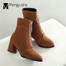 Velvet front zipper mid-calf short booties women winter plush warm shoes botas big size 42 43 thick heels ladies riding boots 2024 - buy cheap