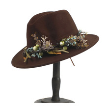 Women Wool Outback Fedora Hat With Wide Brim Flower Elegant Lady Jazz Church Fascinator Hat 2Size 56-60CM 2024 - buy cheap