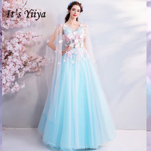 It's YiiYa Blue Evening Dresses Sleeveless V-neck Floral Floor-length Tulle Fresh Party Dress Lace up Illusion Pretty LX799 2024 - buy cheap