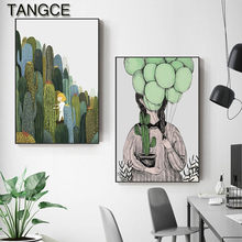 Nordic Plant Girl Balloon Cactus Canvas Painting Poster and Print Green Wall art for Living Room Cactus Decoracion Anime Tableau 2024 - buy cheap