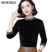 Fashion winter Women elegance turtleneck office lady Tops Long Sleeve Beading Solid Color plus velvet thickening Velour Shirts 2024 - buy cheap