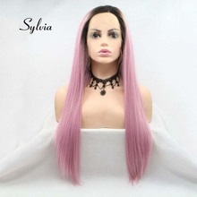 Sylvia  Ombre Pink Wig Long Silky Straight Wigs For Women Hair With Dark Roots Heat Resistant Synthetic Lace Front Wigs Cosplay 2024 - buy cheap