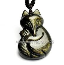 Beautiful Natural Gold Obsidian Handmade Carving Cute Fox Lucky Amulet Pendant + free Beads Necklace Fashion Jewelry 2024 - buy cheap