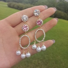 2018 New Korea Sweet Pink Crystal Rhinestone Geometric Circle Long Tassel Pearl Chain Drop Earrings for Women Girl Party 2024 - buy cheap