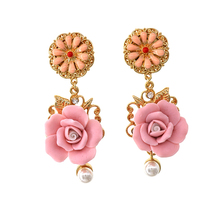 Baroque Retro Pink Flowers Women Nightclub Earrings Chinese Style Ladies Simulated Pearl Jewelry Statement Earrings 2024 - buy cheap