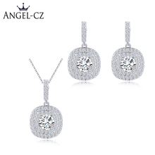 Angcz pulseira de zircônia cúbica brilhante, elegante, presente de joias, colar com pingente quadrado, brinco para mulheres, conjunto de joias de baile aj015 2024 - compre barato