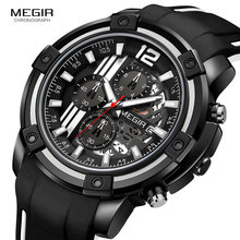 Мужские спортивные кварцевые часы Megir с силиконовым ремешком, армейские водонепроницаемые наручные часы с хронографом 3atm для мужчин, часы Relogios 2097, черный цвет 2024 - купить недорого