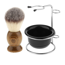 Set of 3 Pieces Natural Wood Shaving Brush + Stainless Steel Holder Stand Rack + Mens Shave Soap Cream Mug Bowl Set Kit 2024 - buy cheap