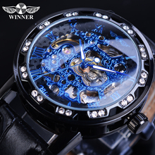 Relógio mecânico masculino winner fashion, relógio de pulso de couro com strass 2024 - compre barato