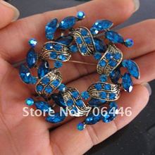 2 Inch Bronze Plated Antique Color Wreath Brooch with Blue Rhinestone Crystals 2024 - buy cheap