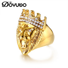 Doyubo anéis de aço inoxidável dourado, anéis masculinos com formato de leão e cabeça de dourado para rhinstone branco, estilo punk europeu da072 2024 - compre barato