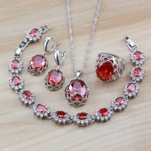 Silver Color Bridal 4PCS Jewelry Sets For Women Costume Red Garnet Zircon Dangle Earrings/Necklace/Bracelet And Ring Sets 2024 - buy cheap