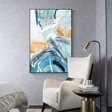 Pintura al óleo abstracta sobre lienzo para decoración del hogar y la Oficina, imágenes acrílicas de Arte de pared con diseño geométrico moderno, color dorado y azul 2024 - compra barato