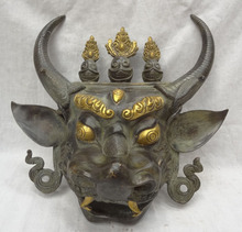 xiuli 002807 14" Chinese Bronze Gilt Buddhist Mahakala Buddha Head Statue Dragon Bull Mask 2024 - buy cheap