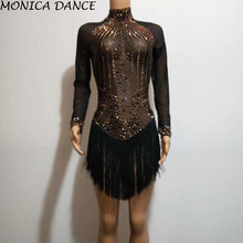 Women Sexy Long Sleeve Sparkly Gold Rhinestones Black Tassel Bodysuit See-through Costume Nightclub DJ Singer Stage Wear Dress 2024 - buy cheap