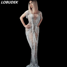 Модное женское серебряное Платье-футляр со стразами и кисточками длиной до пола, облегающее длинное платье, певец и ведущий костюм для вечеринки 2024 - купить недорого