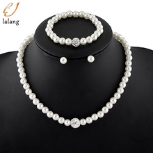 Fashion White Pearl Jewelry Sets Luxury Rhinestone Ball Women Pearls Necklace Earrings Bracelet Sets 2024 - buy cheap