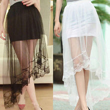 2017 Vintage Skirt Women Mesh Perspective Lace Tail Stretch High Waist Plain Skater Flared Pleated Long Skirts Black White 2024 - buy cheap