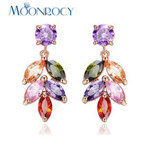 MOONROCY Drop Shipping Cubic Zirconia Rose Gold Color Bohemia Flower Leaf Colourful Crystal Earring Jewelry for Women Girls Gift 2024 - buy cheap