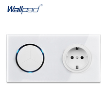 Wallpad L6 White Tempered Glass LED 3 Gang 2 Way Wall Light Switch With German Schuko Socket Random Click Push Button 2024 - buy cheap