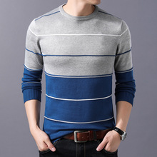 Suéter casual masculino com gola em o, blusão listrado slim fit de malha, outono inverno 2020 2024 - compre barato
