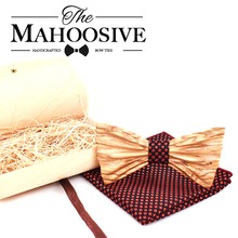 Mahoosive New 3D Design Mens Pocket Square Bow Tie Set Wood Tie Gravatas Bowties Wedding Business Suit Wooden Bow Ties Hankies 2024 - buy cheap