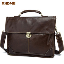 PNDME high quality business casual genuine leather men's briefcase simple office handmade soft cowhide hasp laptop bag work bags 2024 - buy cheap
