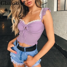 Glamaker Ruffle v neck sexy  crop top Women bodycon sleeveless club tank top Female lace up patchwork slim party cami tops tees 2024 - buy cheap